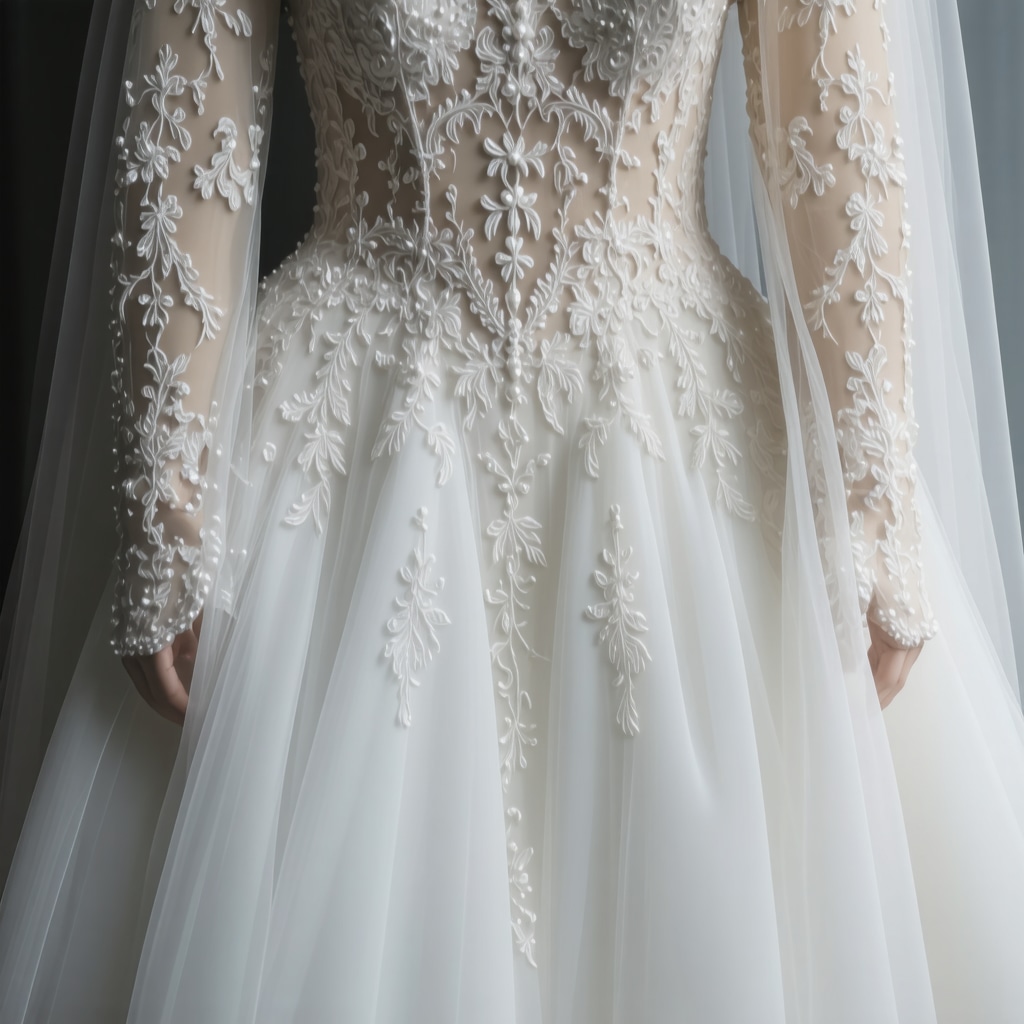 Close-up of vintage wedding dress with lace details in controlled storage