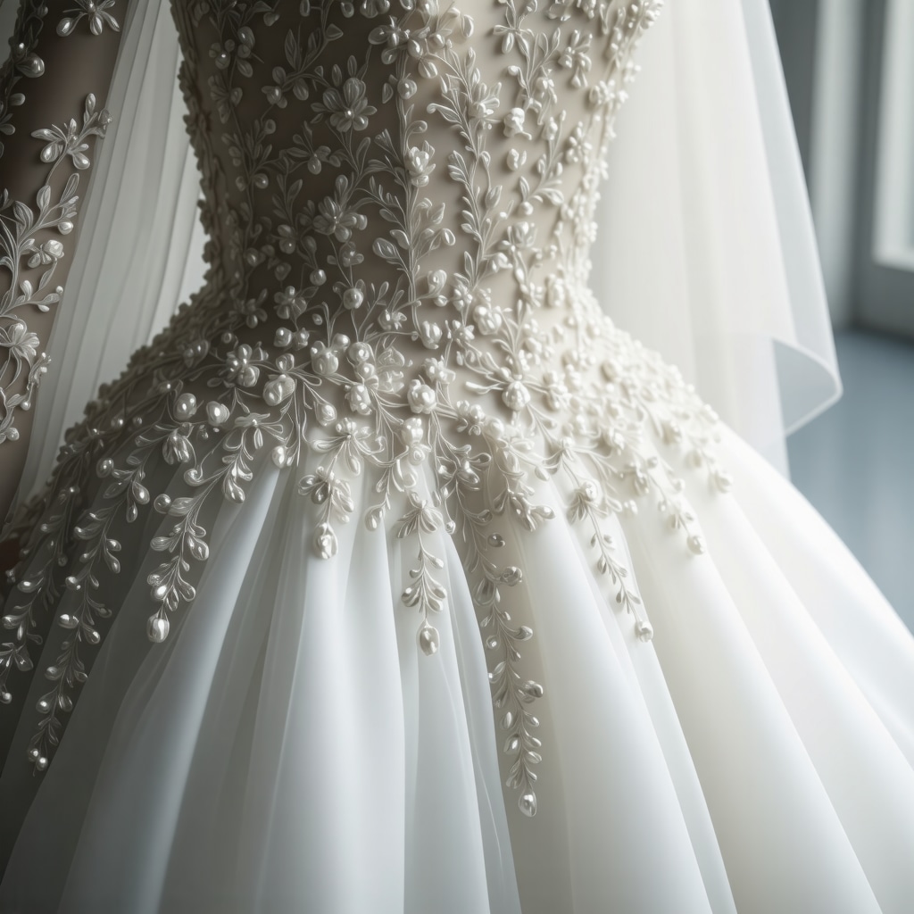 Close-up of vintage wedding gown stored in climate-controlled environment, showcasing delicate fabric and beadwork
