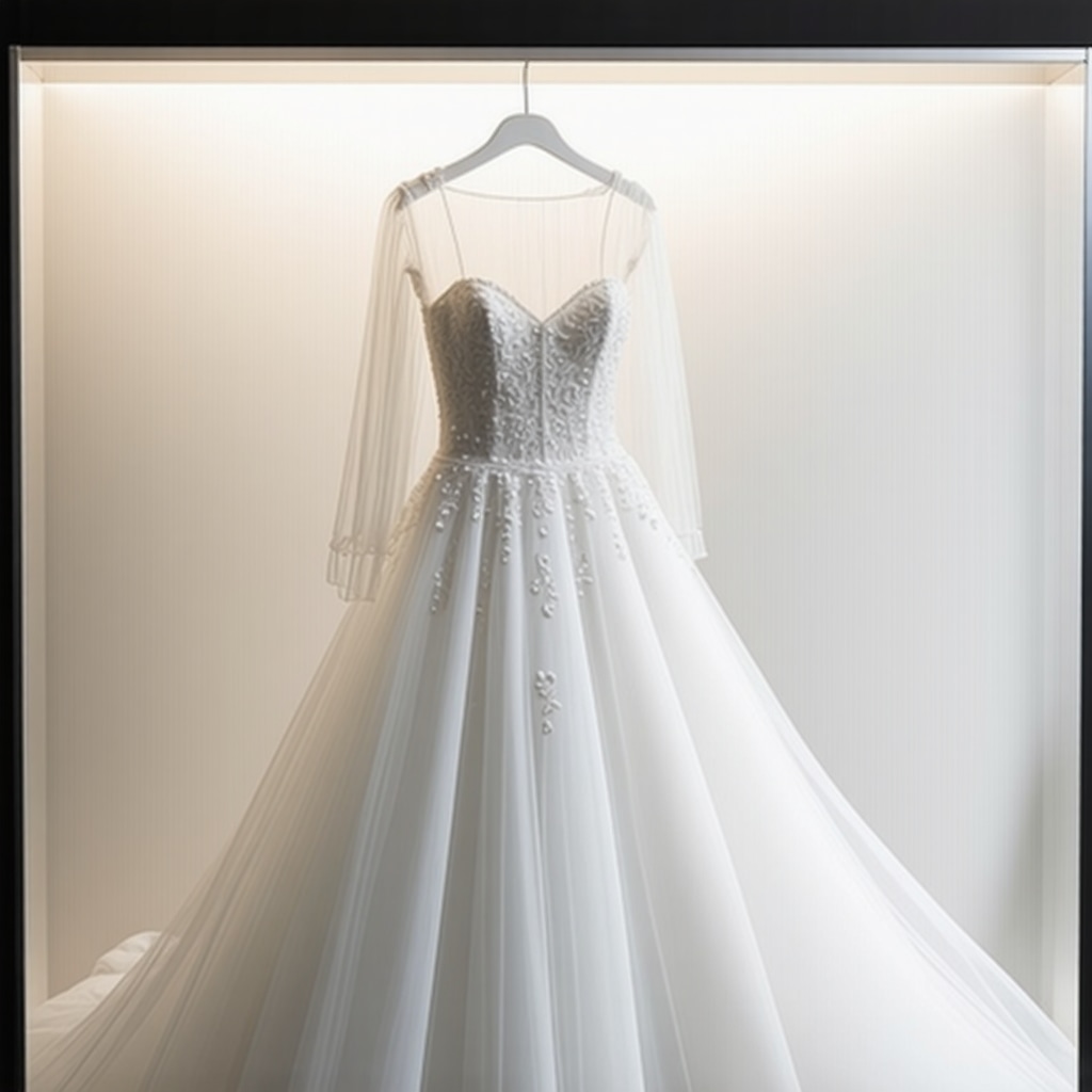 Vintage wedding gown stored in preservation box with climate control