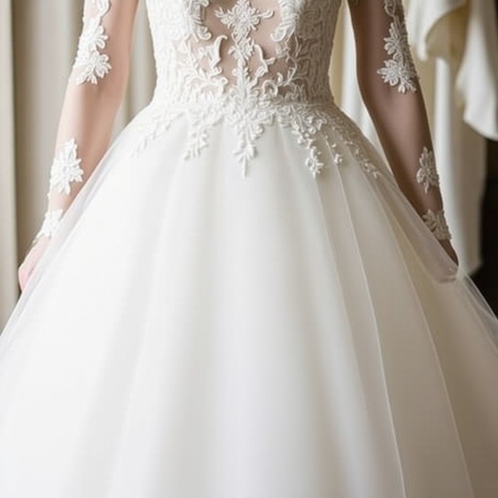Close-up of vintage wedding dress with lace and embroidery in storage
