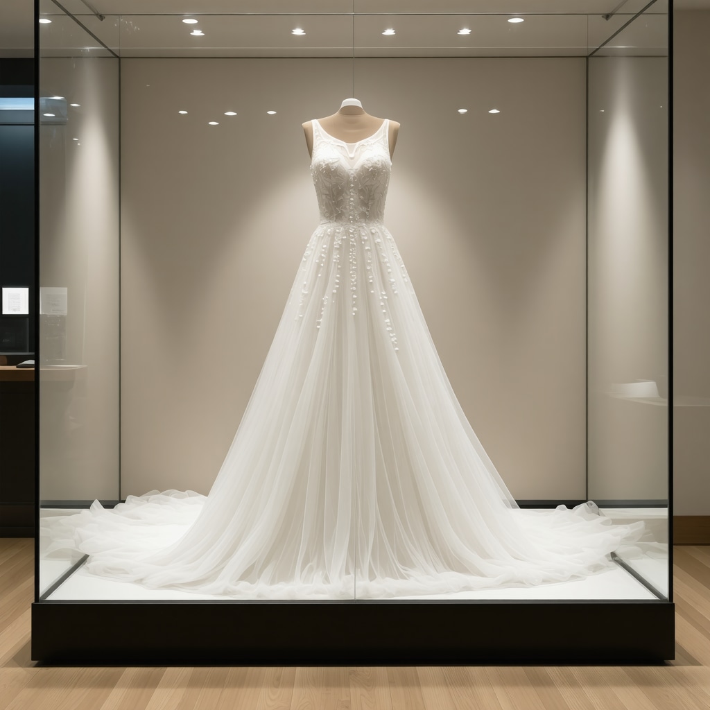 A preserved vintage wedding gown in a climate-controlled case, highlighting delicate fabrics and intricate details