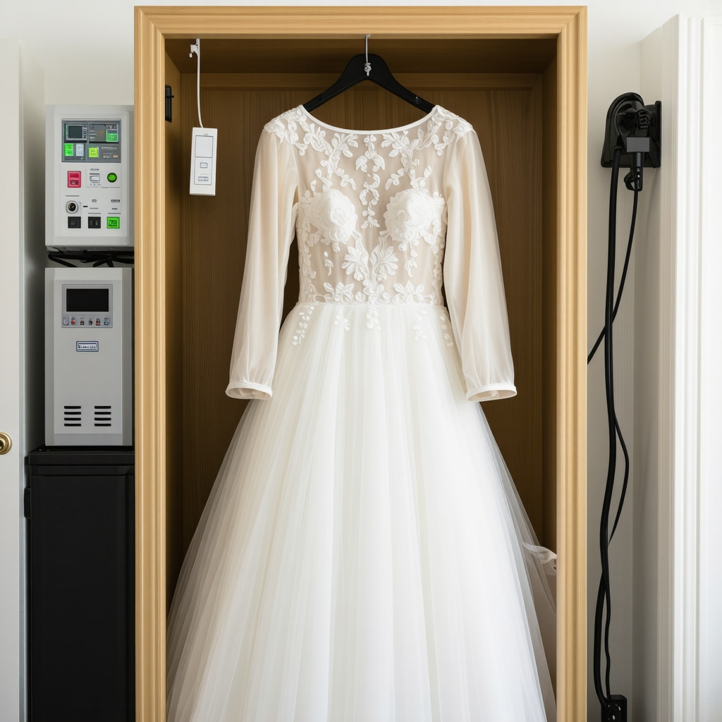 Vintage wedding dress stored safely in preservation box with climate control equipment
