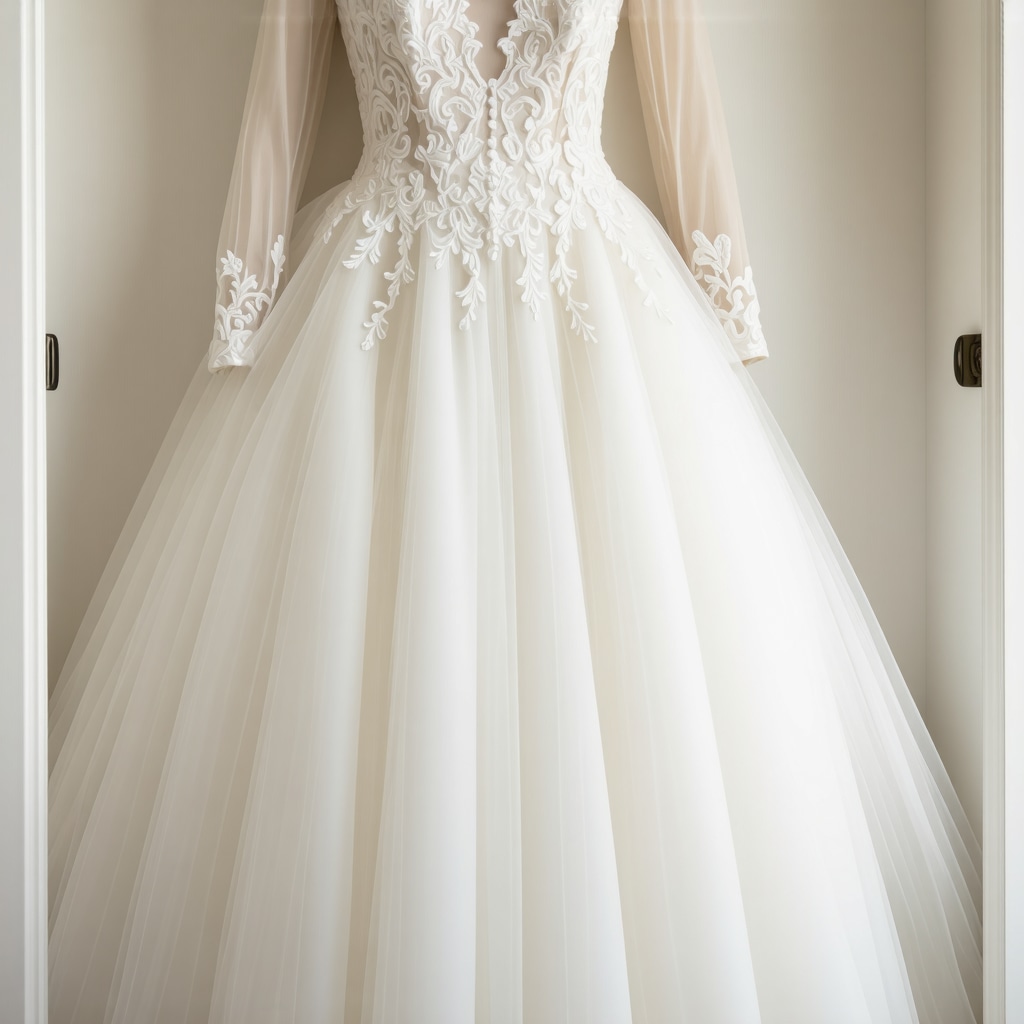 A vintage wedding dress carefully stored in an archival preservation box with climate control features