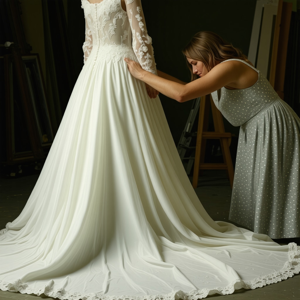 Professional restoring a vintage wedding gown with gentle cleaning techniques.