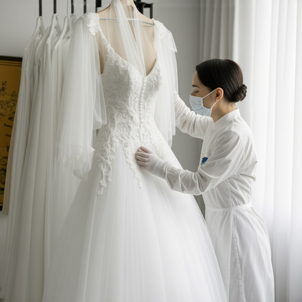 Conservator restoring a delicate vintage wedding dress in a professional setting, highlighting expert care in Tampa's climate.