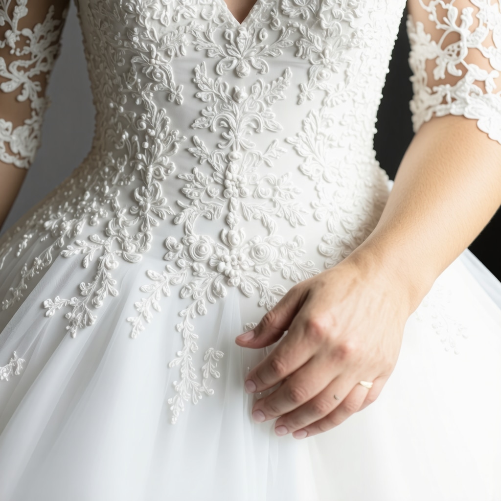 Restoration of vintage wedding gown with modern techniques in a professional setting.