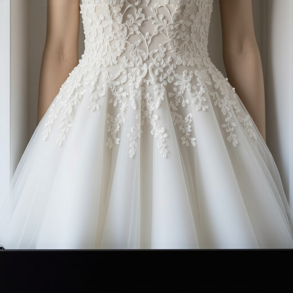Wedding dress stored in acid-free preservation box with silica gel packets and humidity indicators