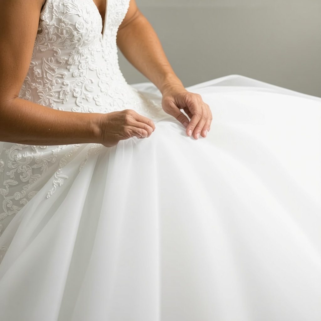 Professional conservator restoring a vintage wedding dress with detailed techniques.