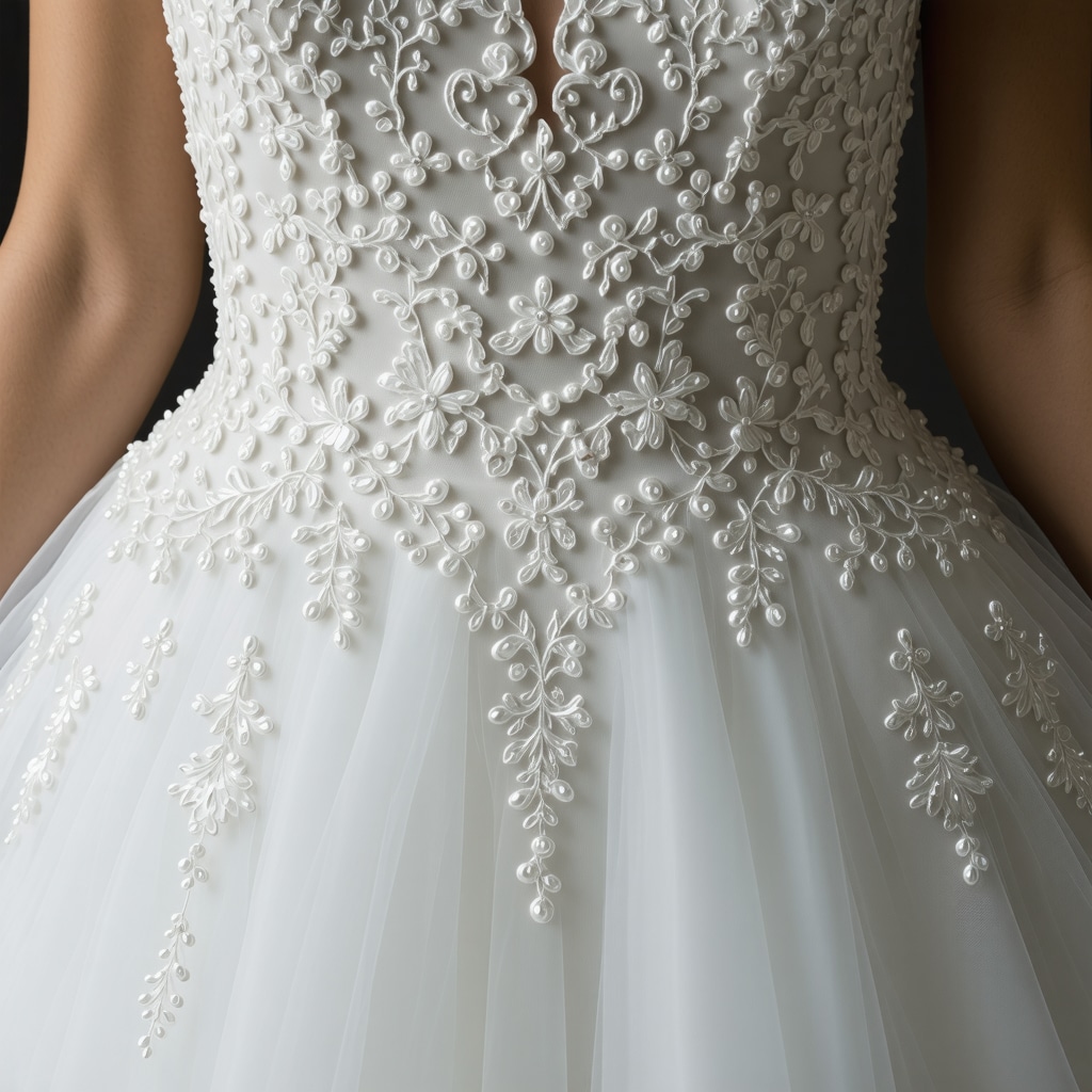 Delicate lace and beadwork on a wedding dress being preserved under UV-filtered lighting in Tampa