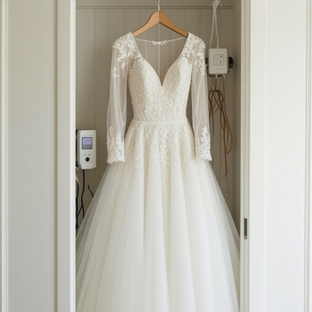 Vintage wedding gown stored safely with climate control