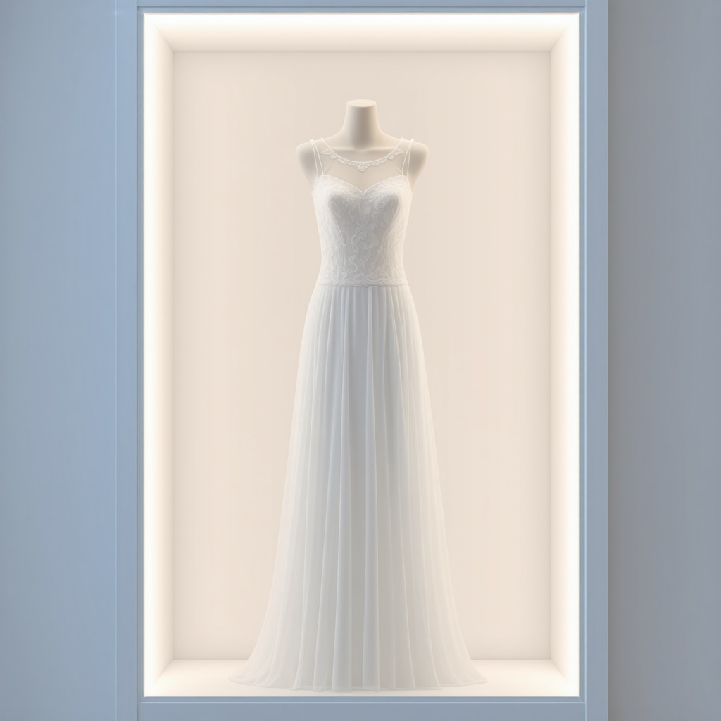 Beautiful wedding gown stored in preservation box for long-term care.