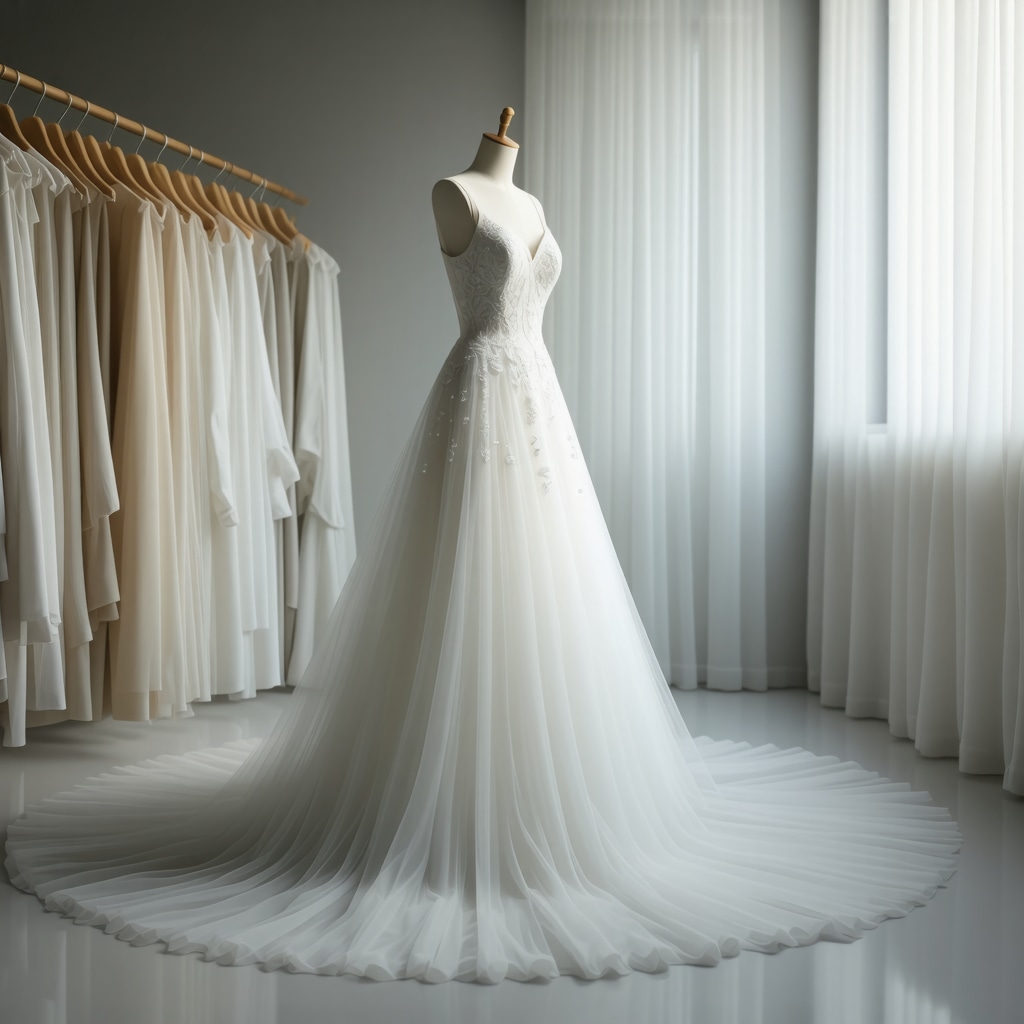 Beautiful wedding gown stored carefully in preservation box with archival materials