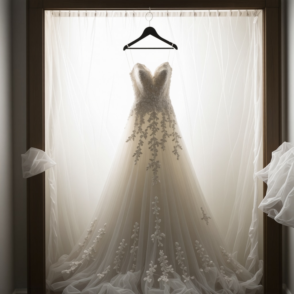 Vintage wedding gown stored in acid-free box with tissue paper in climate-controlled room