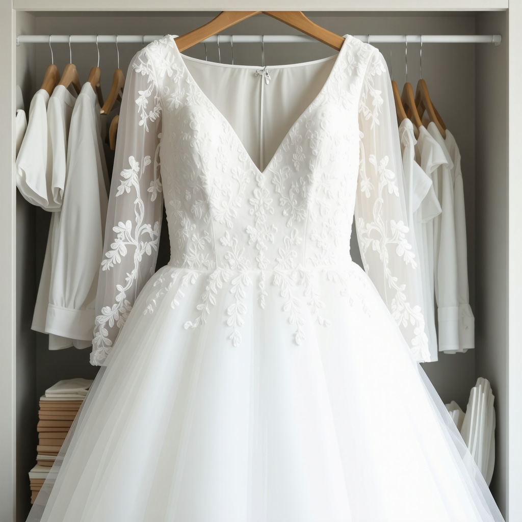 Vintage wedding gown stored in preserved environment with archival materials