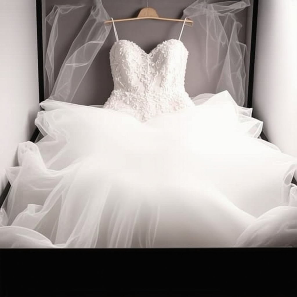 Wedding dress stored in climate-controlled archival box with acid-free tissue and UV light filters
