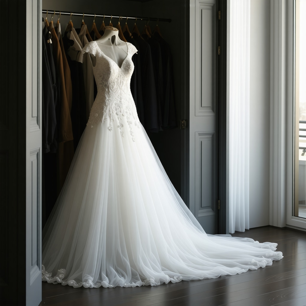 Vintage wedding dress stored in climate-controlled environment for preservation