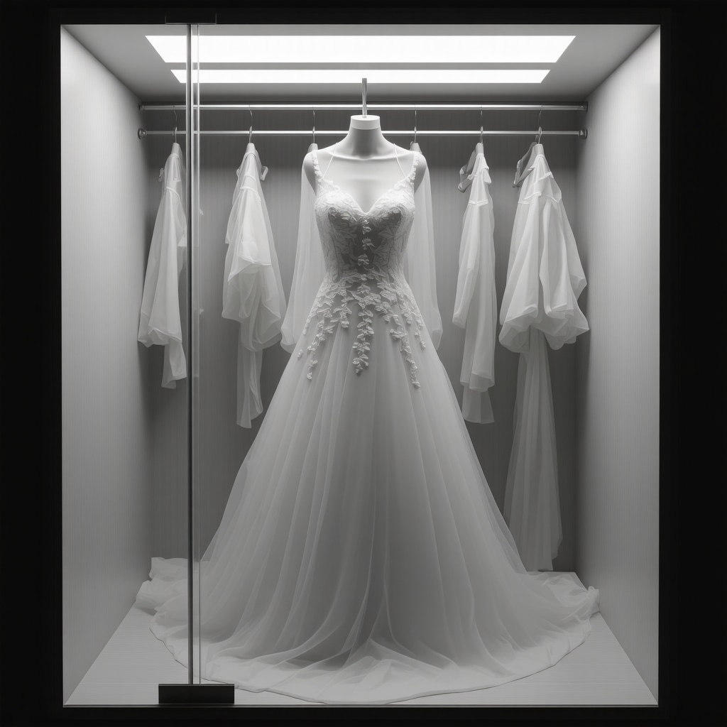 Elegant wedding gown stored in preservation box in climate-controlled room