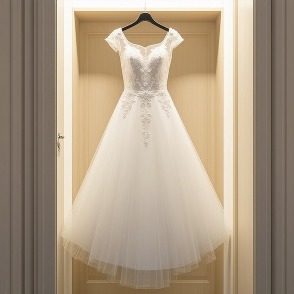 Elegant wedding gown stored in archival preservation box with climate control
