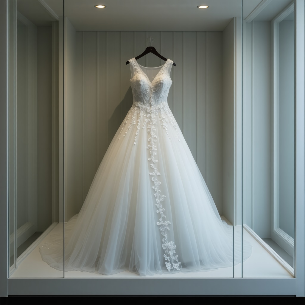 Luxury wedding dress stored carefully in a climate-controlled environment for preservation.