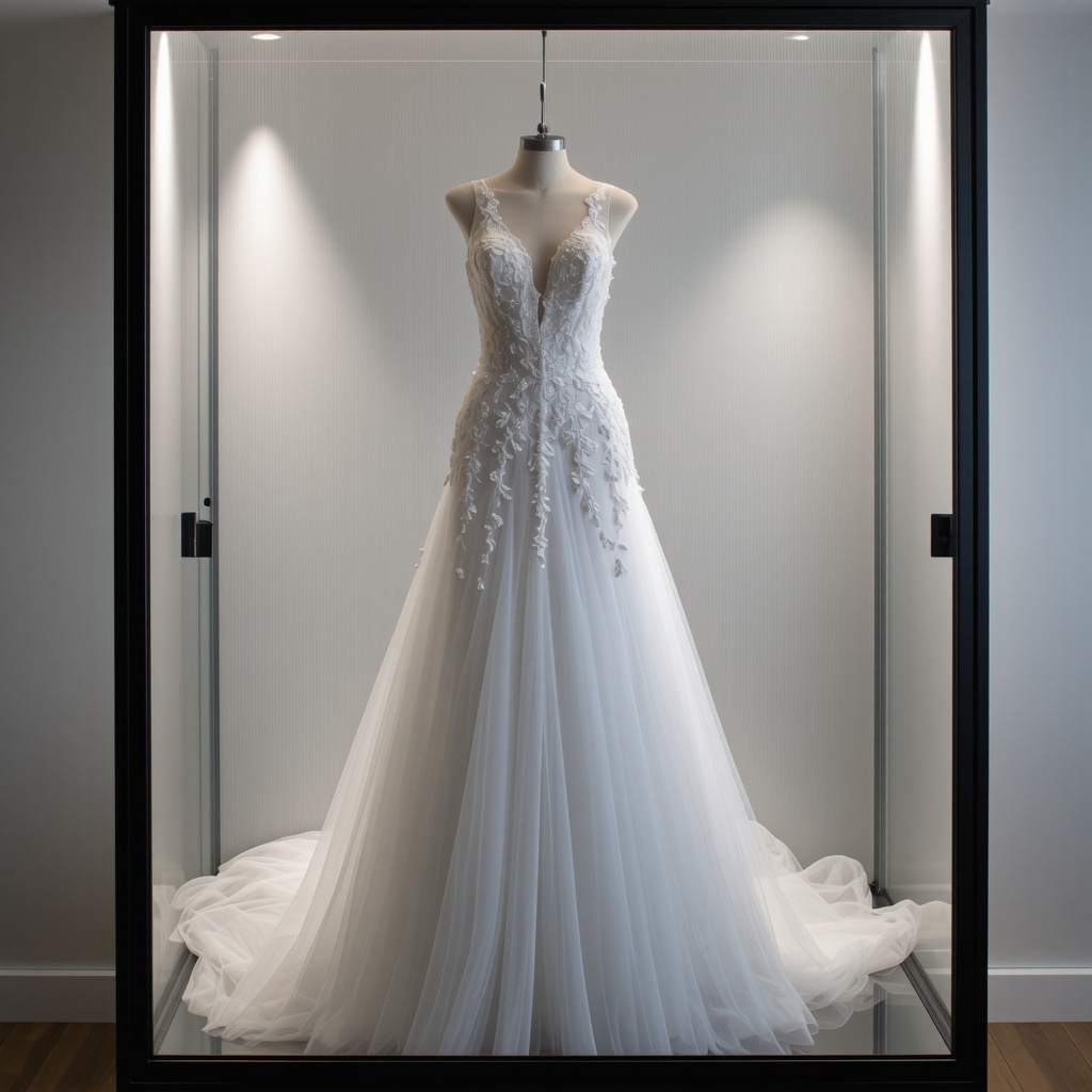 Elegant wedding dress stored in a preservation box with soft lighting