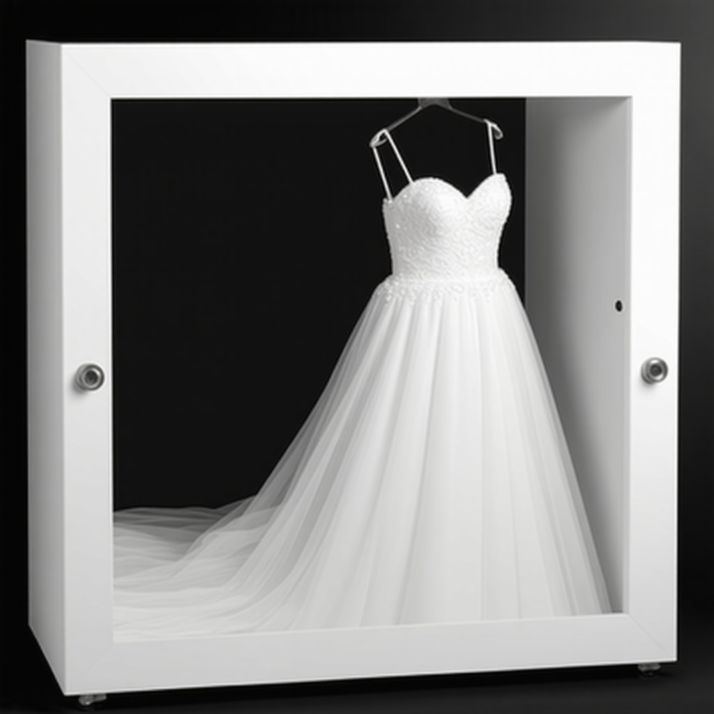 A preservation box designed for wedding gowns, showing humidity and temperature controls for long-term storage.