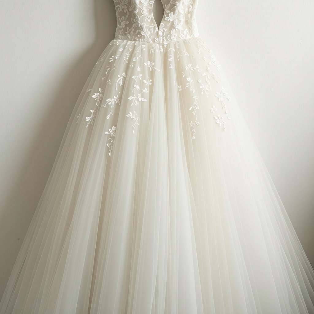 Wedding gown being cleaned by expert in a professional setting