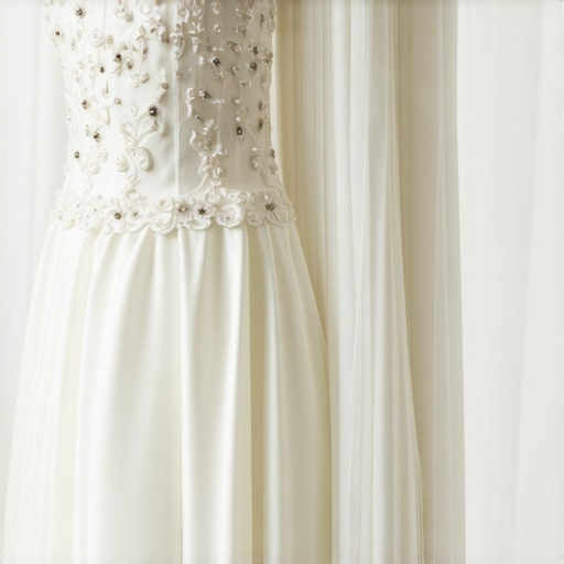 Vintage wedding dress with detailed embroidery preserved in climate-controlled storage.