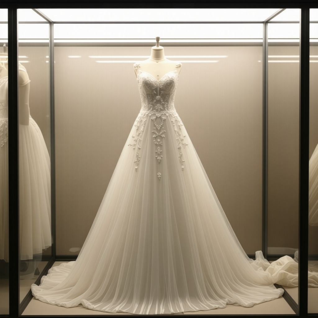 Vintage wedding gown stored in climate-controlled preservation display