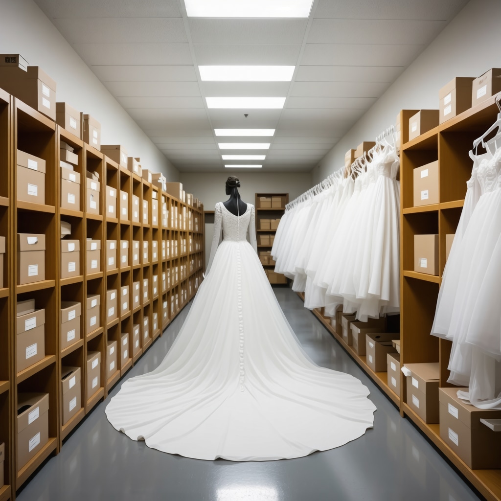 A professional climate-controlled storage unit with wedding gowns in acid-free boxes, illustrating advanced preservation techniques for Tampa's humid environment