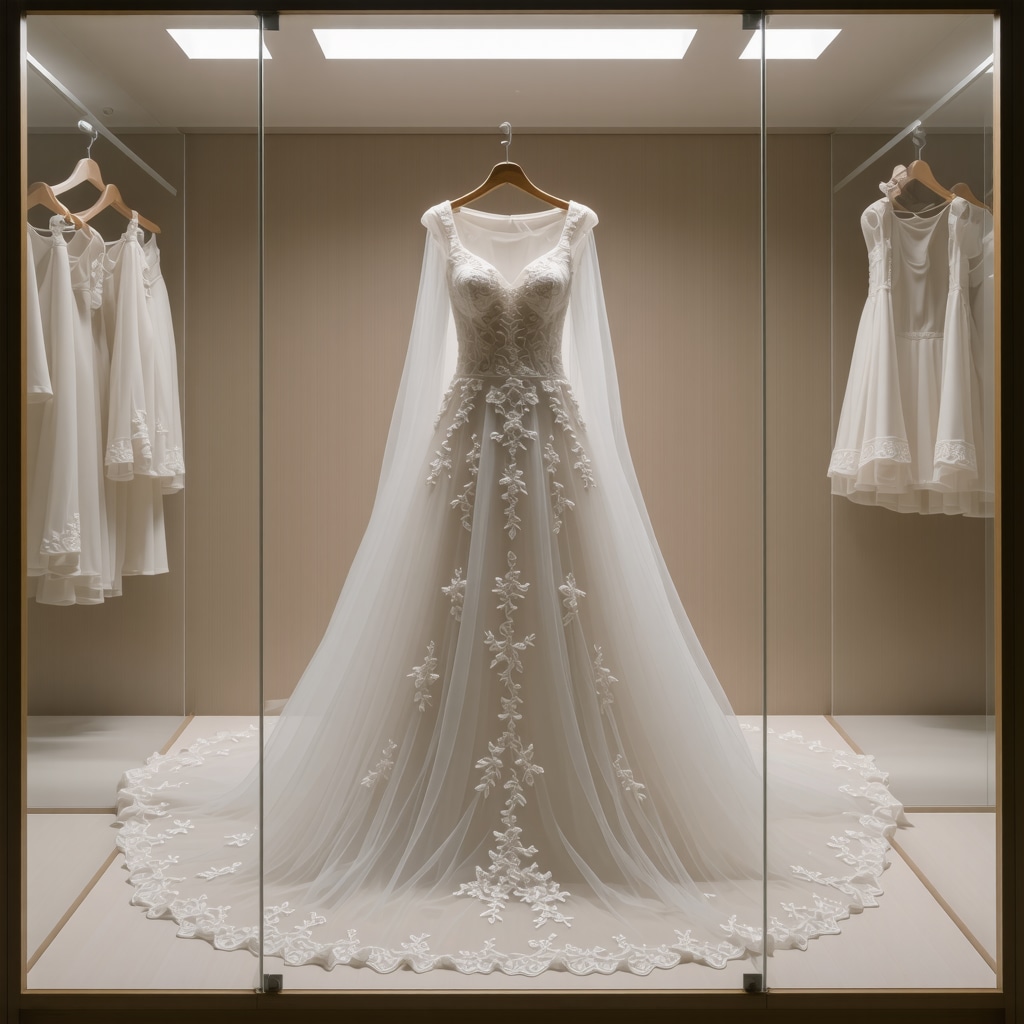Elegant wedding gown stored in a climate-controlled, acid-free box to ensure long-term preservation.