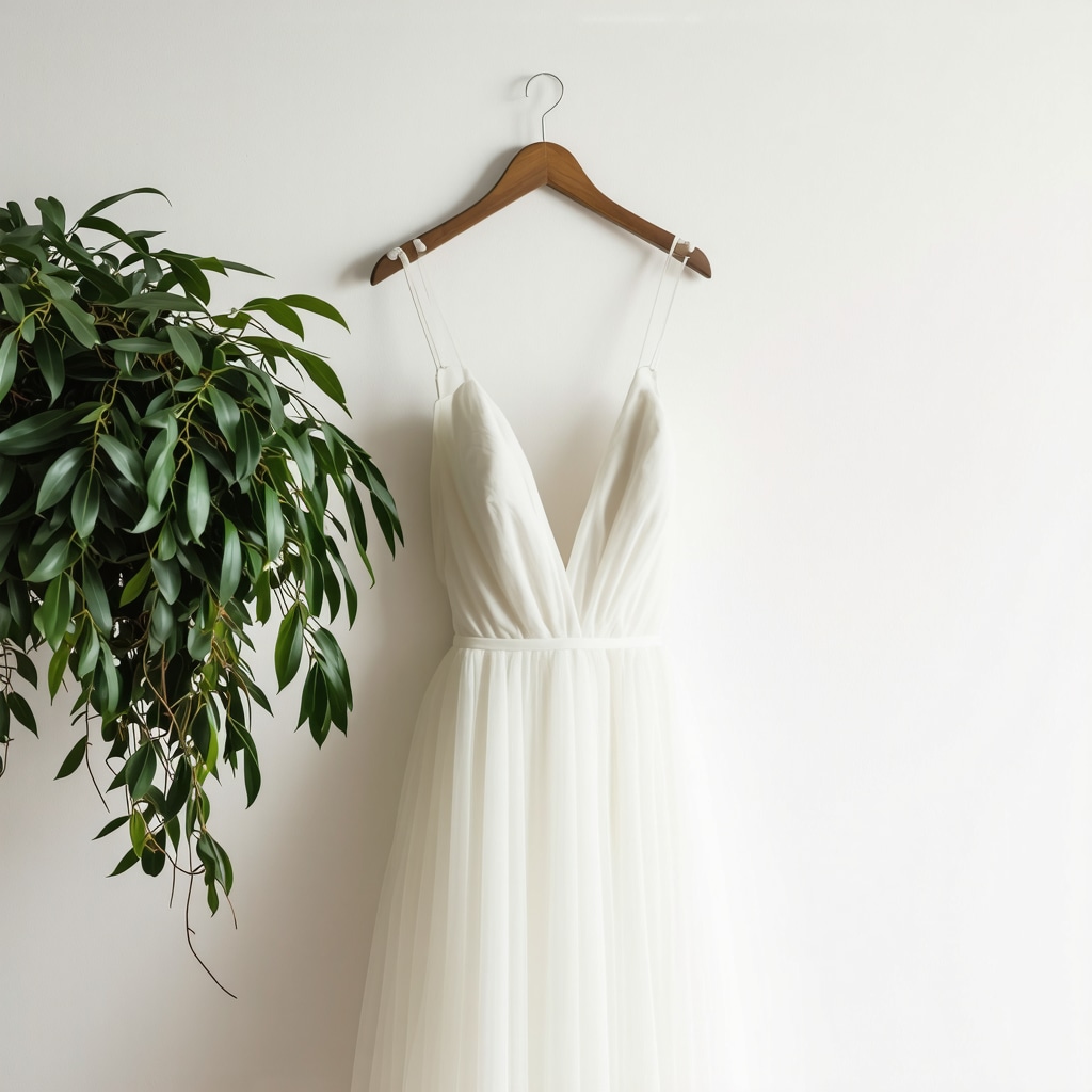 Wedding dress with eco-friendly labels hanging in a boutique