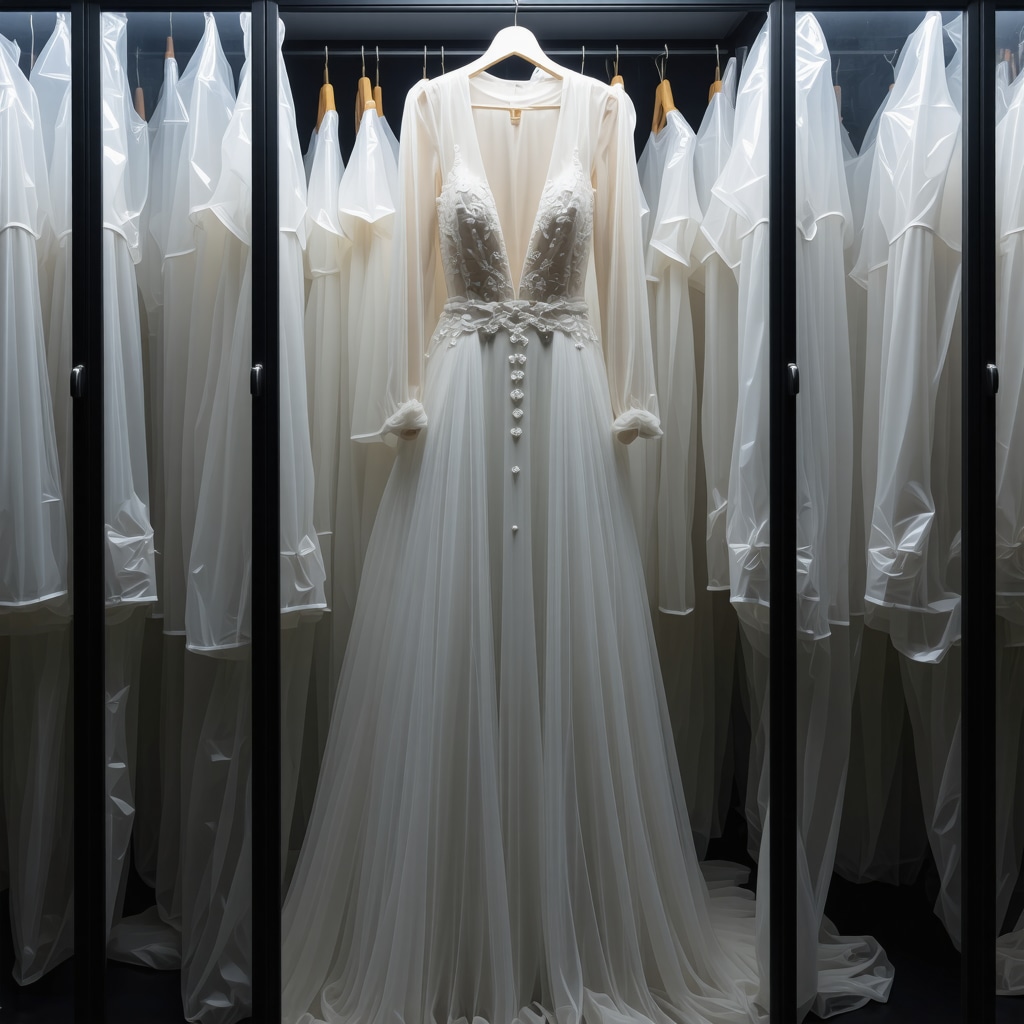Vintage wedding gown in a controlled storage environment with UV protection and acid-free materials.
