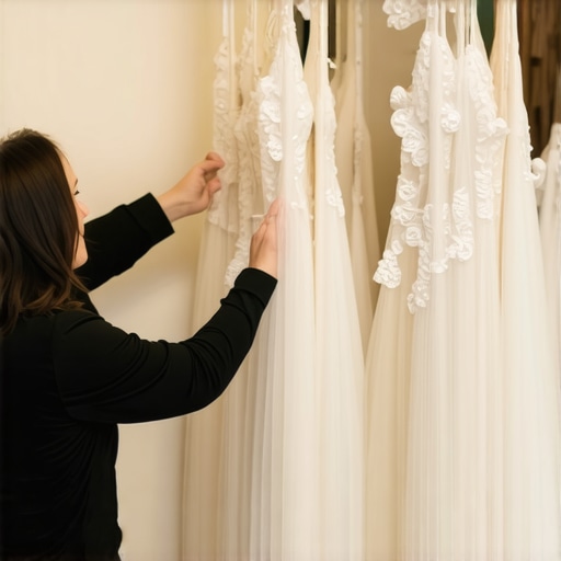 Preservation expert inspecting vintage wedding gown in climate-controlled environment