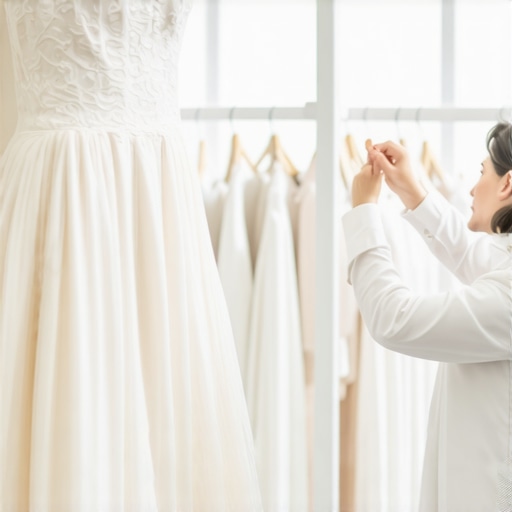 Conservator examining delicate vintage wedding gown in a controlled environment