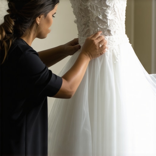 A Tampa wedding gown specialist performing delicate stain removal on a wedding dress