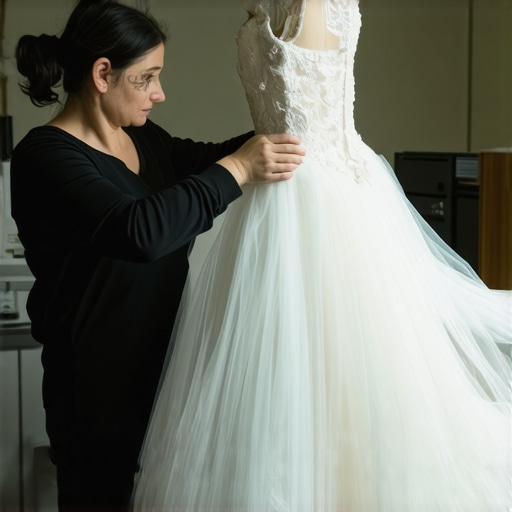 Conservationist wrapping wedding gown with archival materials in climate-controlled environment.
