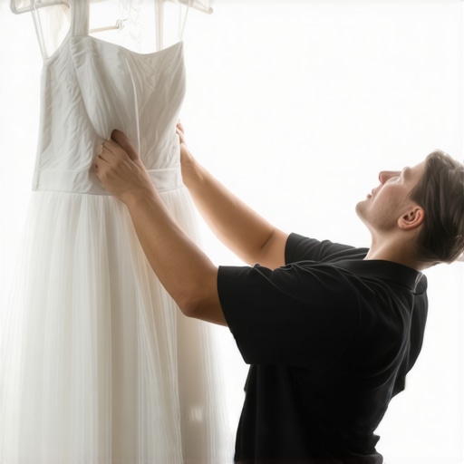 Professional wedding dress cleaner performing stain removal on a vintage gown in Tampa