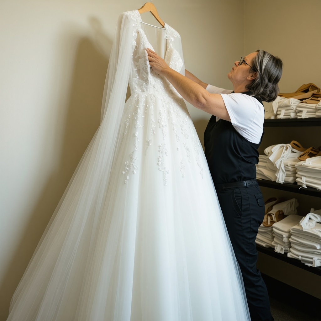 Conservator carefully handling delicate vintage wedding dress with specialized tools
