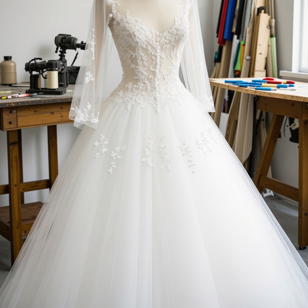 A professional conservator delicately repairing a vintage wedding dress with specialized tools