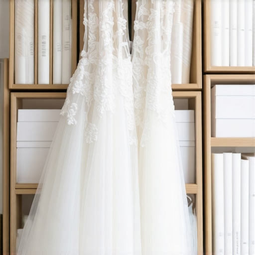 Close-up image of preservation materials like acid-free tissue and UV protective storage for wedding gowns.
