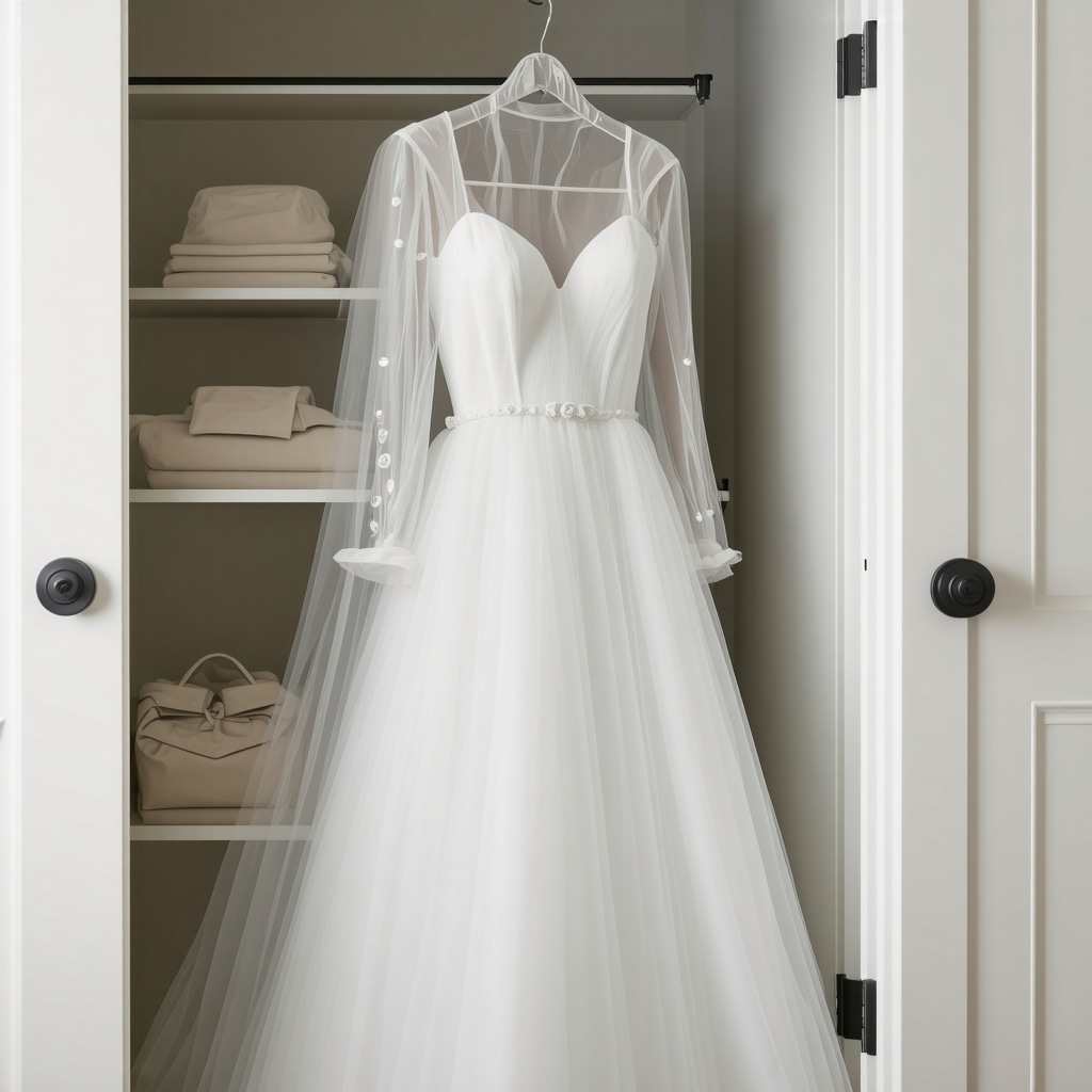 Bride's wedding gown stored in archival tissue in a climate-controlled cabinet in Tampa