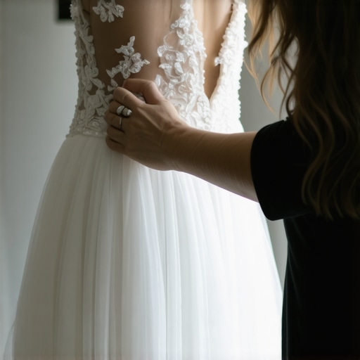 Close-up of a wedding gown being inspected by a professional cleaner in Tampa