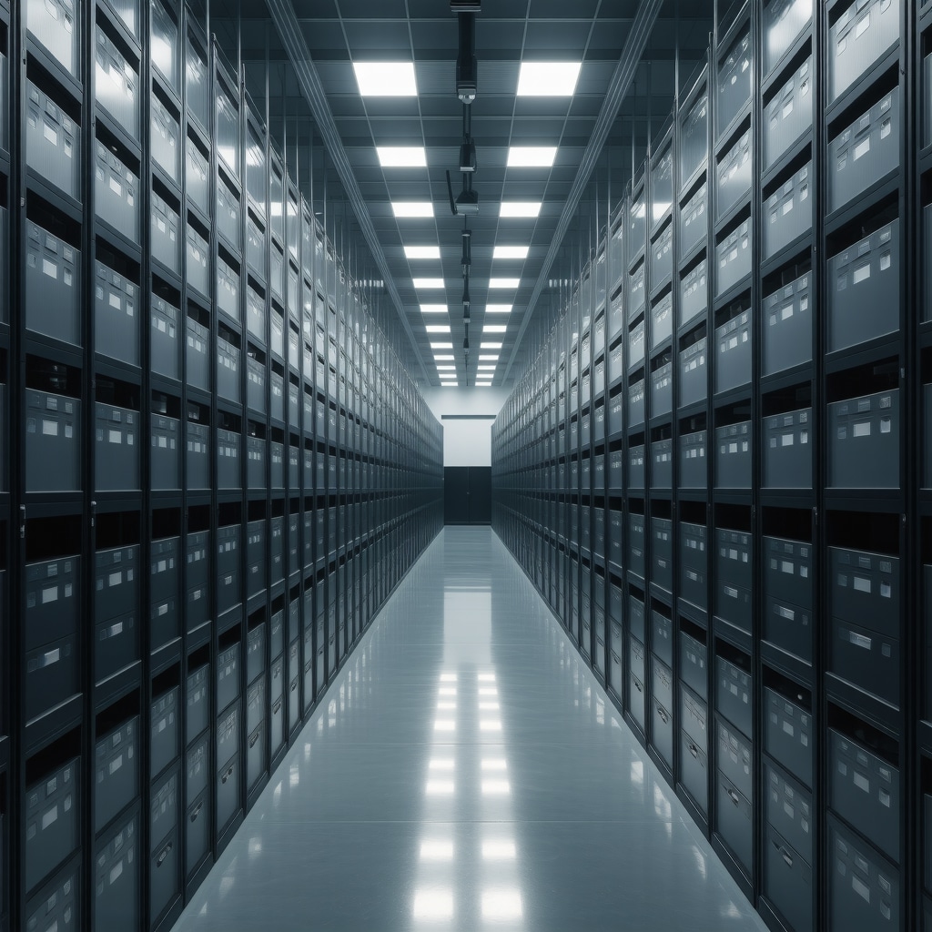 A modern climate-controlled storage room with archival boxes and UV filters