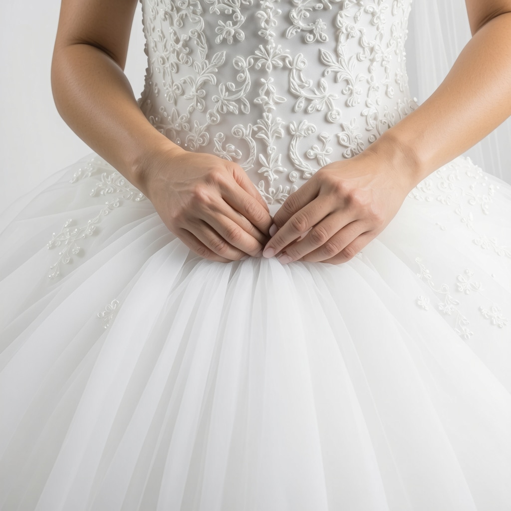 Professional ultrasonic cleaning of a wedding dress with gentle sound waves on delicate fabric.