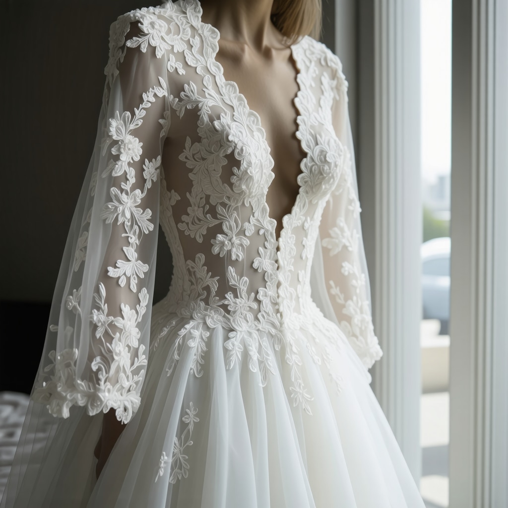 Close-up of vintage wedding dress with lace and delicate fabrics being preserved by expert in Tampa
