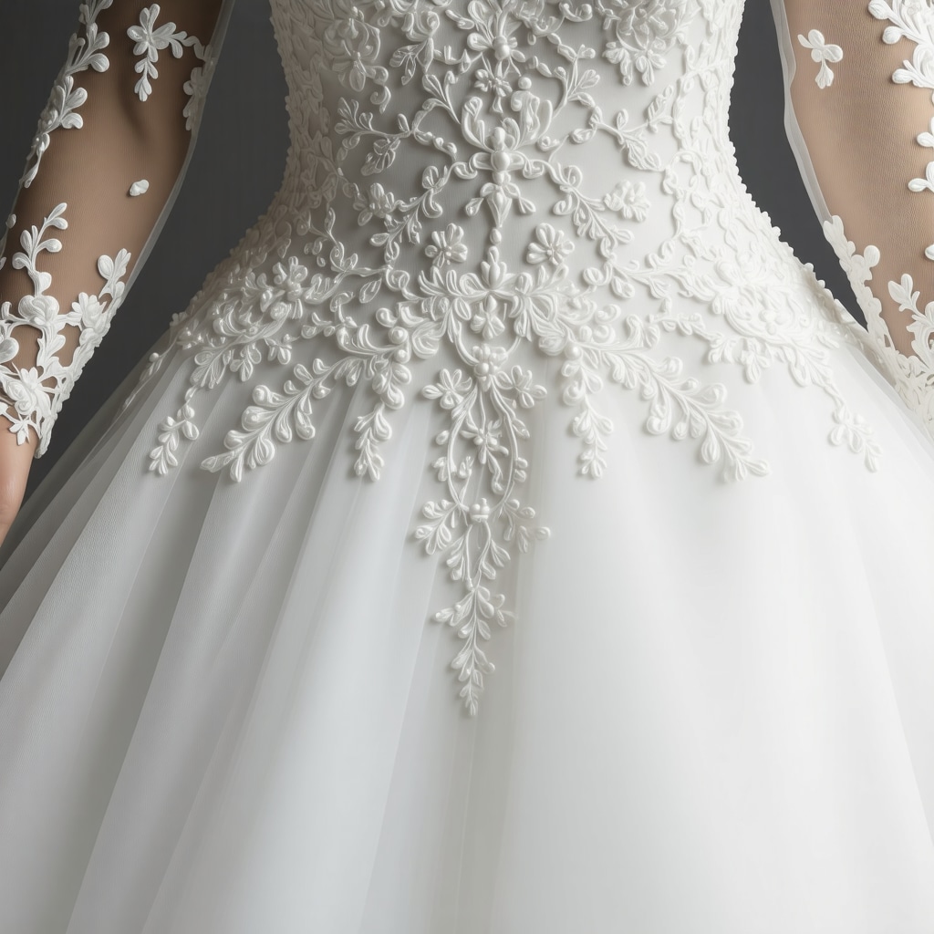 Close-up of vintage wedding gown being restored using laser seam repair and micro-surgical methods in a studio.