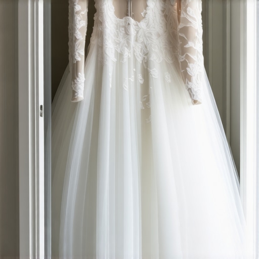 Close-up of vintage lace wedding gown stored in a climate-controlled acid-free box with sensors