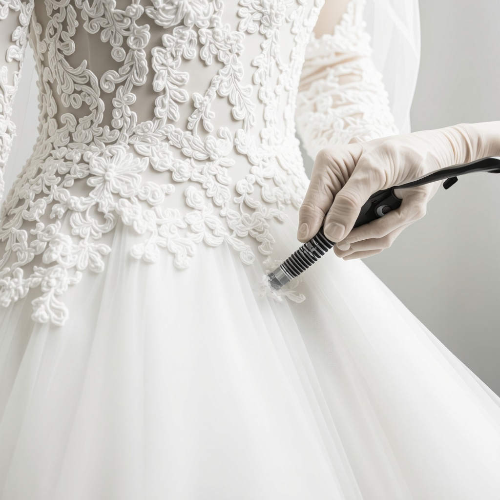 Expert restoring vintage lace wedding gown with laser technology in Tampa studio
