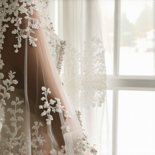 Close-up of delicate vintage lace with beadwork on a wedding dress