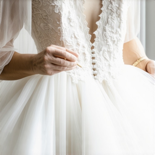 Conservator carefully restoring a vintage wedding gown with delicate fabric handling and expert tools.